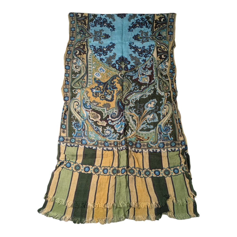 Chico's Paisley Scarf Vibrant Blue, Gold, And Dark Green With Fringed Edges EUC